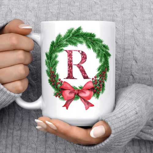 Vista 6 de Taza de café de cerámica con inicial de corona de Navidad, 11 o 15 onzas