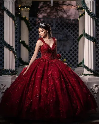 Vista 4 de Vestidos de quinceañera con cuello en V para mujer, vestido de baile de tul brillante 3D, apliques de flores dulces 15 16, vestidos de fiesta