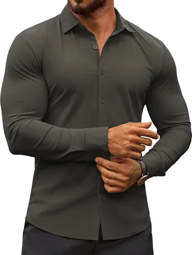 Vista 19 de COOFANDY Camisas de vestir ajustadas para hombre, sin arrugas, manga larga, casuales, con botones