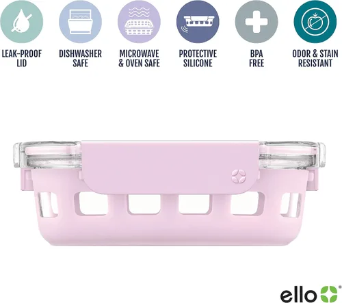 Vista 3 de Ello Duraglass - Recipiente de vidrio para preparación de comidas, 1.75 tazas, con funda de silicona y tapa de plástico hermética sin BPA, apto