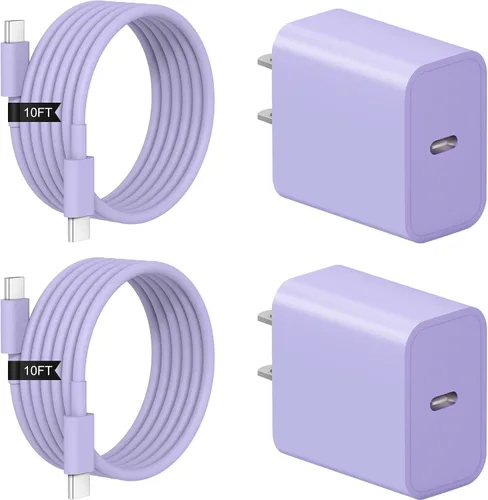 Vista 12 de Cargador de carga rápida para iPhone 17, 16, 15, paquete de 2+2 cargadores de pared USB C de 20 W con cable de carga rápida de 6 pies compatible