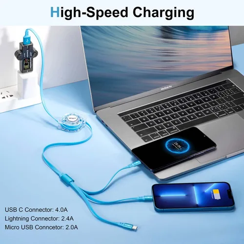 Vista 3 de Cable USB C de carga rápida múltiple 4A [2 unidades/4 pies] cargador múltiple retráctil USB A a tipo C/Lightning/Micro USB 3 en 1 cable USB