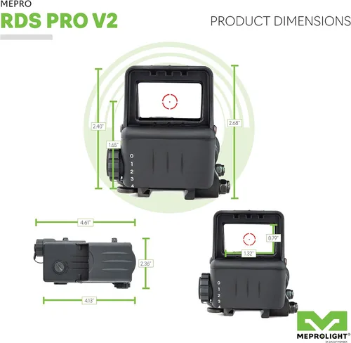 Vista 5 de MEPROLIGHT® MEPRO RDS PRO V2 Mil-Spec - Mira electro óptica de punto rojo, retícula de diana roja de 2.2 MOA, brillo de retícula de 16, Picatinny