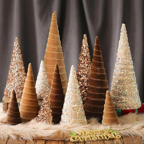 Vista 9 de Ireer 12 piezas Árboles de Navidad de terciopelo varios tamaños cono de terciopelo decoraciones modernas para interiores centro de mesa minimalista