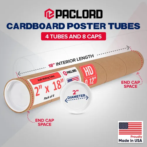 Vista 2 de Tubo de cartón reforzado de 2 x 18 pulgadas, paquete de 4 tubos con 8 tapas, seguro aprobado por USPS, ideal para envío y almacenamiento