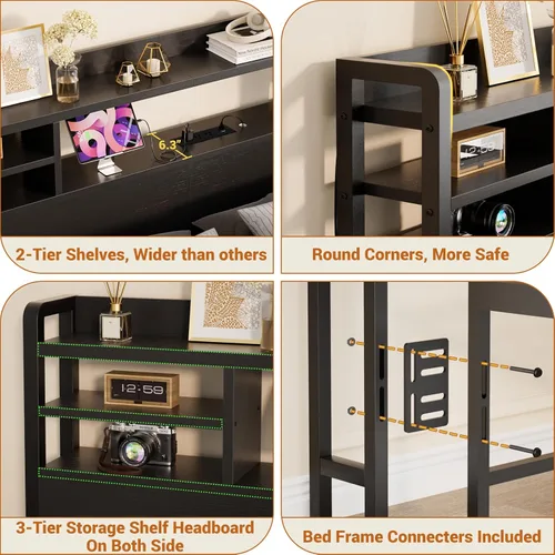 Vista 6 de Aheaplus Cabecero para cama de tamaño individual con almacenamiento, cabeceros con luz LED, tomas de corriente, puertos USB, tamaño individual