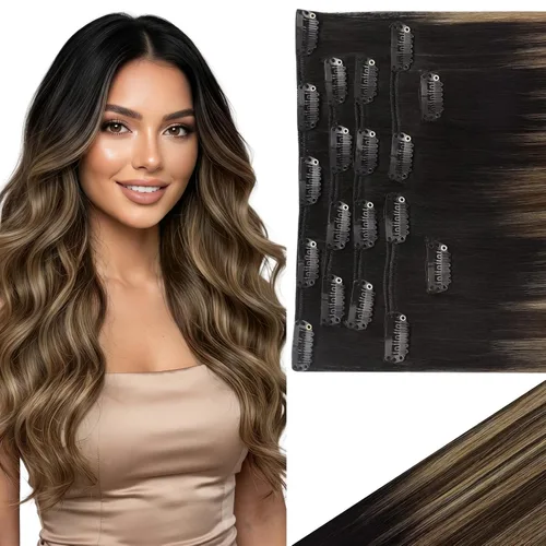 Vista 20 de Ve Sunny Extensiones de cabello clip-in de cabello humano real con reflejos, extensiones de cabello con clip para cabello corto, marrón oscuro