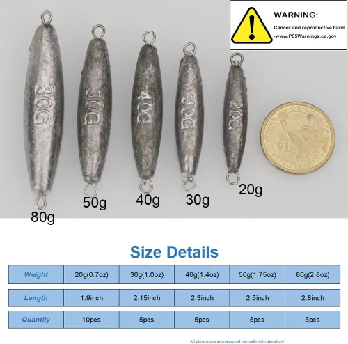 Vista 2 de Kit de plomos de arrastre en línea, pesos de pesca de doble anillo, balas de plomo/oliva para pesca de agua salada y agua dulce