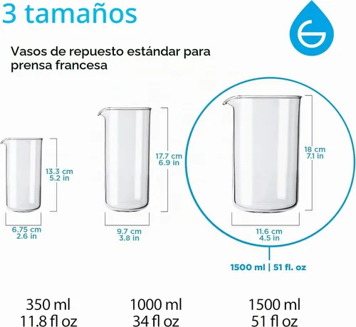 Vista 4 de GROSCHE Borosilicato 3.3 vidrio prensa francesa vaso de precipitados de repuesto, 34 oz