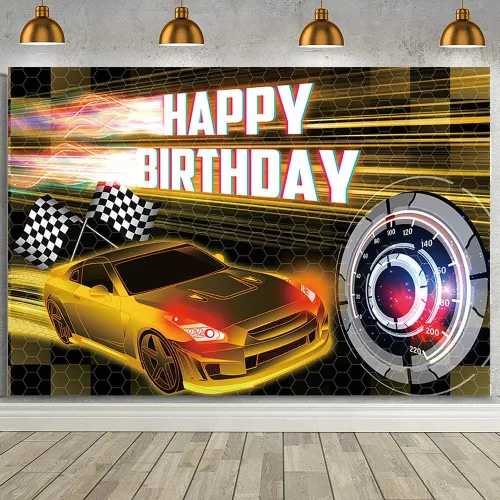 Vista 16 de MEHOFOND Telón de fondo negro de 7 x 5 pies, decoración de fiesta de carreras para niños, cartel de fiesta de cumpleaños con temática de auto
