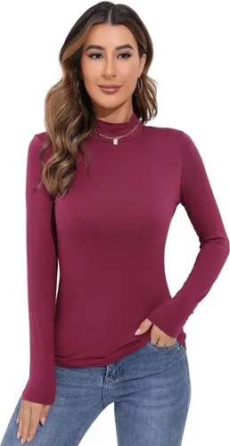 Vista 4 de Camisetas térmicas básicas de manga larga para mujer, camisetas ligeras con cuello alto falso, ajustadas, de capa suave