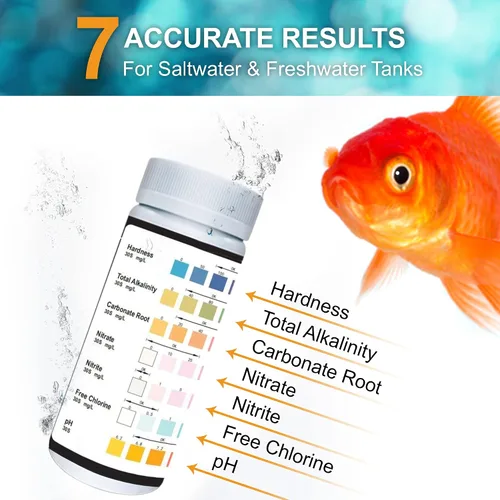 Vista 4 de JOR Tiras de prueba de agua para acuario, compatibles con piscinas, tanques de peces de agua dulce y salada, detectan pH, cloro, carbonato, dureza