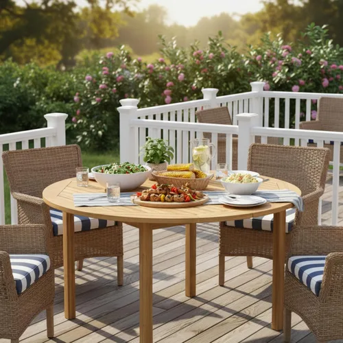 Vista 4 de Tangkula Mesa de comedor redonda para exterior, Mesa de madera de acacia para 4 personas de gran tamaño, Mesa de patio estilo granja para bistró