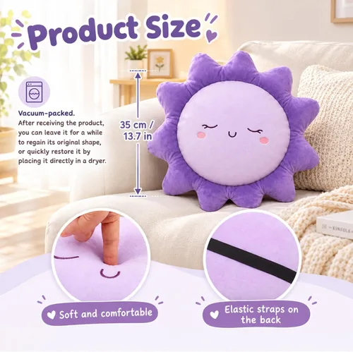 Vista 2 de Juexica 1 cojín de felpa para sofá, lindo relleno en forma de sol, almohada de suelo, manta de juguete suave para niños, mujeres, niñas, decoración