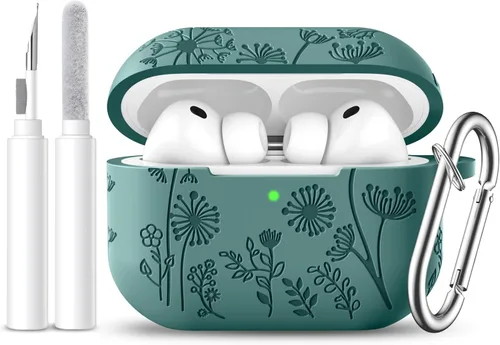 Vista 24 de Lerobo Funda para AirPods 5/4, funda de silicona suave grabada con flores A-Negro