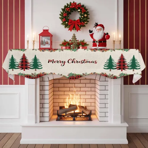 Vista 2 de Bufanda para chimenea con árbol de Navidad, 90 x 17 pulgadas, guirnalda de Navidad a cuadros rojos, cubierta de mantel de lino vintage, protector