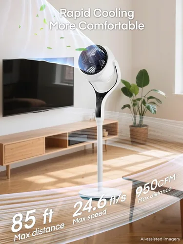 Vista 2 de FOHERE Ventilador de suelo, ventilador de pedestal oscilante de 120°, ventilador inteligente silencioso con luz LED, altura ajustable de 27-46