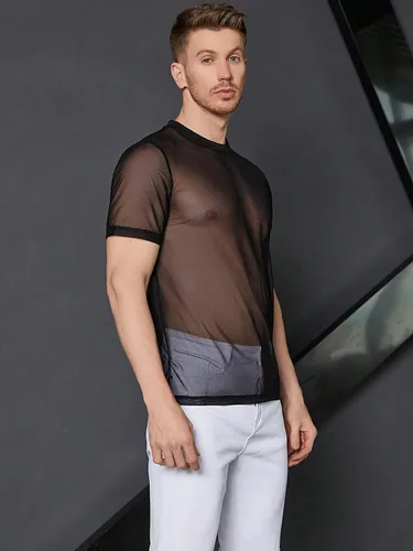 Vista 3 de WDIRARA Camiseta de malla de manga corta con cuello redondo y estampado floral para hombre