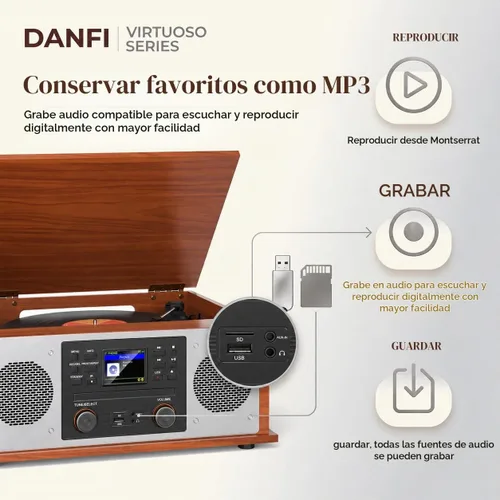 Vista 7 de Tocadiscos Bluetooth retro 10 en 1 con altavoces estéreo, tocadiscos de vinilo de 3 velocidades, reproductor de CD, reproducción y grabación USB/SD