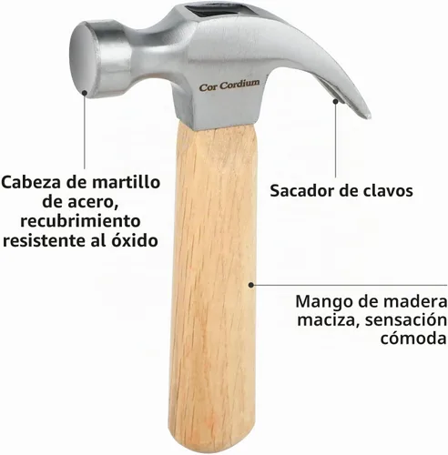 Vista 3 de Martillo de garra con mango de madera y cabeza de acero, martillo pequeño de 8 onzas para casa y bricolaje