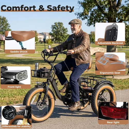 Vista 6 de Electric Tricycle for Adults 750W(Peak 1350W) 48V15.6Ah Etrike 20"x4" Fat Tire Electric Trike 3-Wheel Aluminum Alloy Folding Electric Tricycle Max