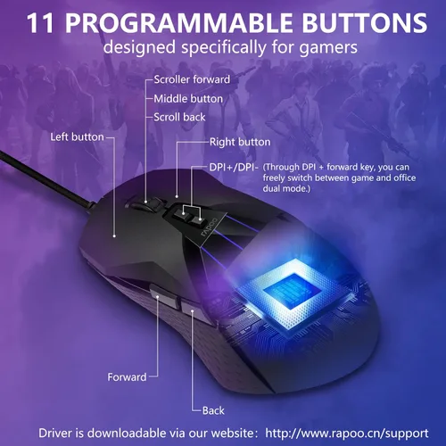 Vista 4 de Rapoo Ratón inalámbrico para juegos, 5000 DPI con cableinalámbrico RGB Gamer Mouse con 11 botones programables Tienda de 5 perfiles, ratones