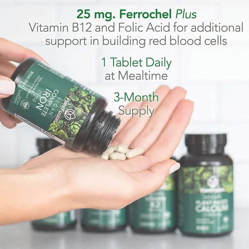 Vista 6 de PlantFusion Suplementos veganos de hierro de, suplementos premium de hierro a base de plantas para mujeres y hombres (25 mg), más folato y B12, 90