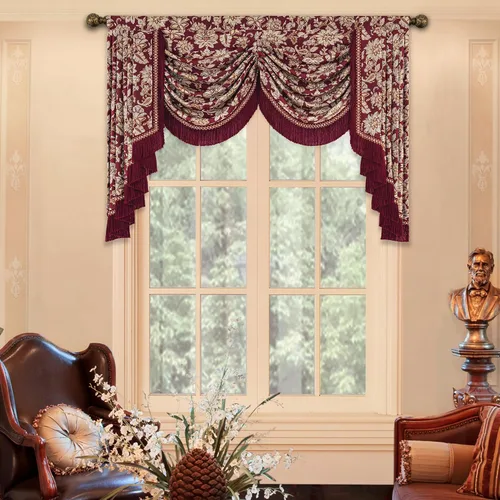 Vista 38 de Loom and Mill Cenefa de cascada de lujo de jacquard para sala de estar, elegantes cenefas de ventana con festones y cuentas damascadas, cortinas