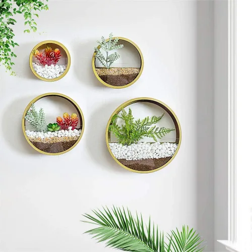 Vista 2 de Paquete de 4 macetas redondas de pared colgantes de metal, soportes circulares para plantas, jarrón de hierro circular contemporáneo para suculentas