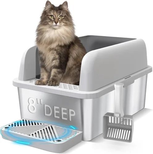 Vista 10 de Caja de arena de acero inoxidable para gatos con tapa cerrada, caja de arena extra grande para gatos grandes, bandeja de arena de metal XL