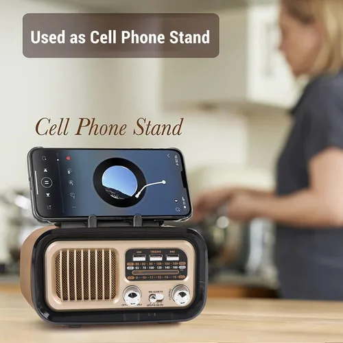 Vista 5 de Radio retro AM FM SW Bluetooth, radios de transistor vintage portátiles con altavoz y antena retráctil, TWS, solar/funciona con batería/recargable