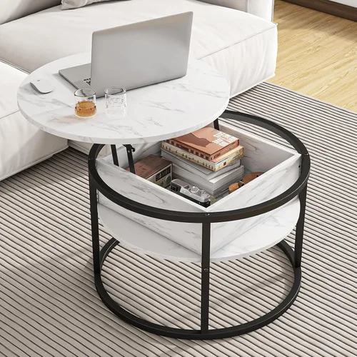 Vista 10 de HOJINLINERO Mesa de centro redonda elevable, con compartimento oculto de almacenamiento, decoración de mesa de centro de madera de granja