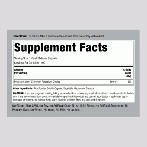 Vista 2 de Piping Rock Suplemento de citrato de potasio 275 mg 400 cápsulas Sin OMG, sin gluten