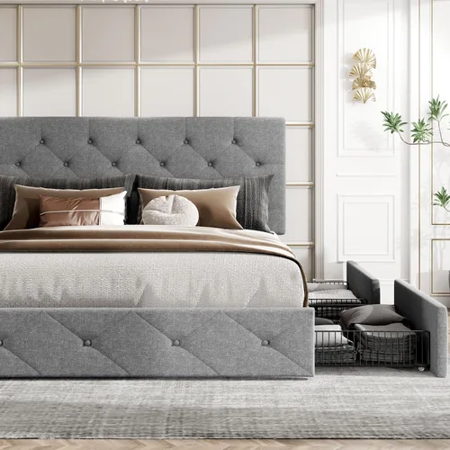 Vista 3 de HOOMIC Base de cama de almacenamiento de plataforma de tamaño matrimonial con 4 cajones y cabecera ajustable, listones de madera, no necesita Gris