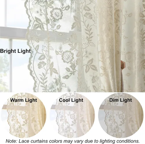 Vista 5 de FINECITY 2 paneles de cortinas de encaje beige de 36 pulgadas de largo con hojas florales rústicas, cortinas cortas y transparentes para ventana