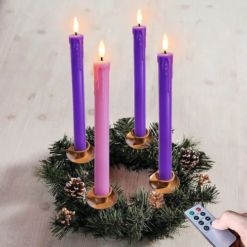 Vista 8 de Juego de 4 Luces de Velas LED de Navidad, Velas Cónicas que Funcionan con Batería para Corona de Adviento, 3 Moradas 1 Rosa Velas de Cera Sin Llama
