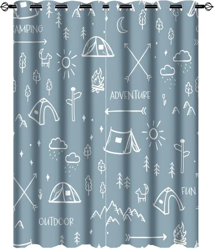 Vista 14 de Cortinas abstractas con estampado de cámper de caricaturas, divertido tema de aventura, campamento, montañas, vida silvestre, oso, tratamiento