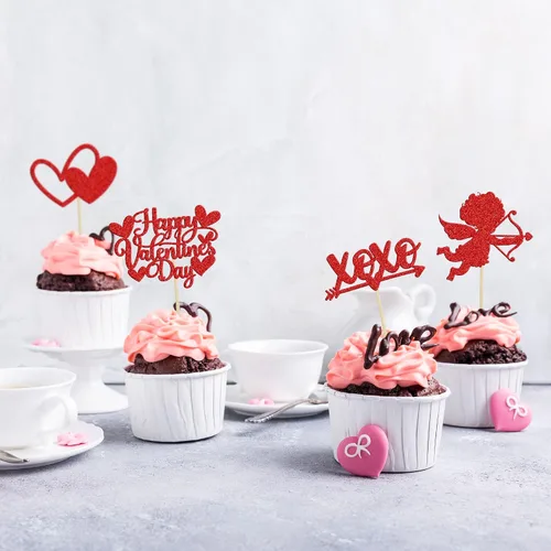 Vista 84 de Ephlyn 24 adornos para cupcakes con purpurina para el día de San Valentín, dulce amor, corazón, día de San Valentín, decoración para cupcakes