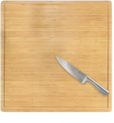 Vista 8 de BambooMN Tabla de cortar de bambú resistente de alta calidad, 17.25 x 11.75 x 0.75 pulgadas, ranurada/plana con combo de cuchillo de chef
