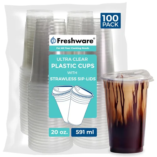 Vista 9 de Freshware Vasos de plástico transparente con tapas para sorbos sin popote [100 tazas – 12 onzas] Vaso desechable para café helado, batido, bebidas