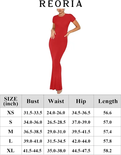 Vista 6 de REORIA - Vestido largo básico de verano para mujer, elegante, de manga corta, cuello redondo, ajustado, maxi vestidos