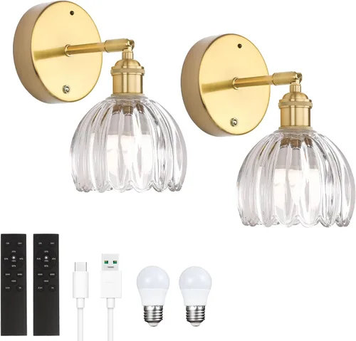 Vista 50 de Shenmoyl Aplique de pared vintage a pilas con bonita pantalla de vidrio de tulipán blanco, inalámbrico, recargable, luz de pared funciona
