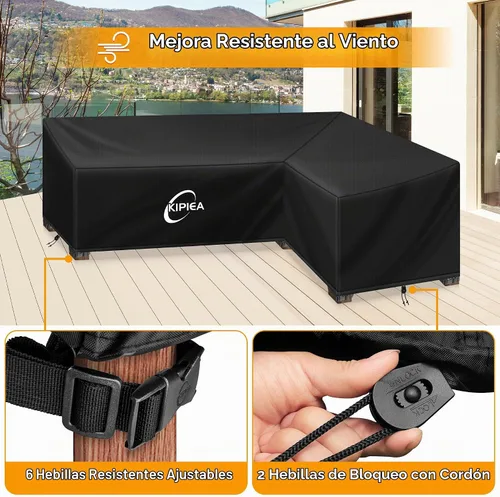 Vista 5 de Kipiea Funda para Sofá Seccional en Forma de L para Patio, Tela Oxford Resistente 420D, Funda Seccional para Exteriores con 6 Hebillas a Prueba