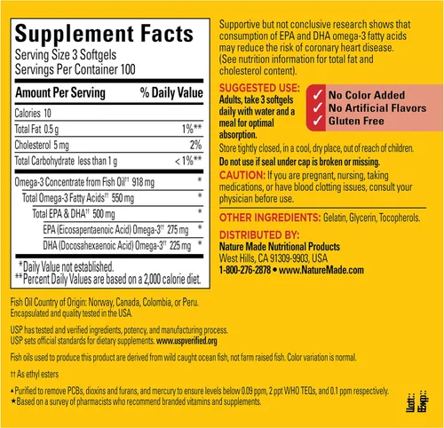 Vista 6 de Nature Made Suplementos de aceite de pescado Omega 3, 550 mg por porción, suplementos de aceite de pescado Omega 3 como ésteres etílicos para un