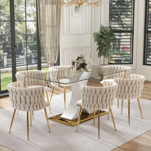 Vista 9 de Juego de comedor moderno de vidrio de lujo de 5 piezas, juego de cena rectangular minimalista grande para 4, juego de mesa de cocina de vidrio