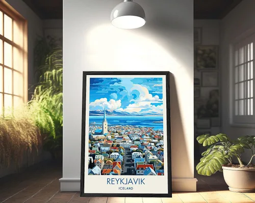 Vista 2 de Póster de Reikiavik, póster de Islandia, arte de Reykjavik, impresión de Reikiavik, póster abstracto, pintura de paisaje urbano, arte