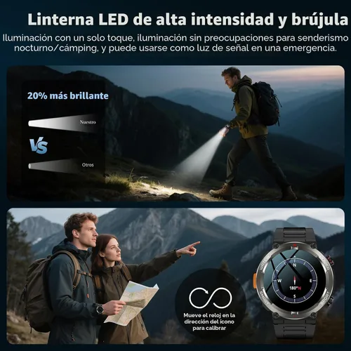 Vista 4 de IOWODO Reloj inteligente militar para hombre, batería de 100 días de duración, rastreador de actividad física con linterna LED / brújula, monitor