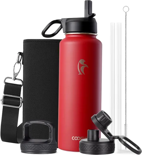 Vista 11 de Coolflask Botella de agua de 24 onzas aislada con pajilla, 3 tapas de metal de acero inoxidable, botella de agua de boca ancha para deportes u