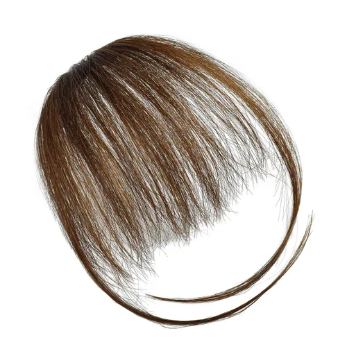 Vista 2 de Flequillo con clip, cabello humano real, flequillo natural con flecos y patillas laterales, postizo de cabello castaño medio Marrón medio