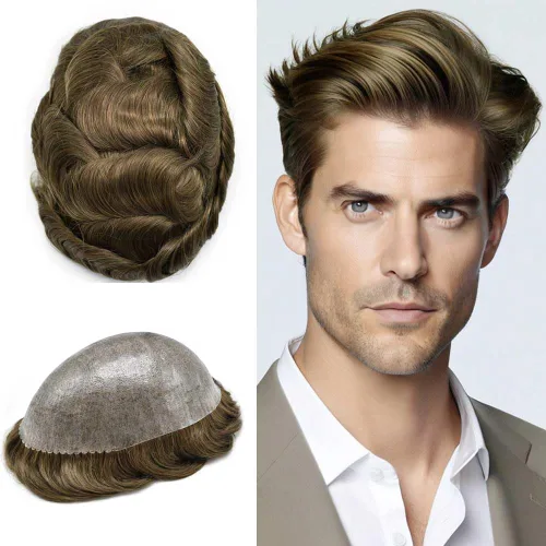 Vista 57 de Toupee para hombres Sistema de reemplazo de cabello humano real para hombres Completo PU Mens Hairpiece de aspecto natural para hombre piezas